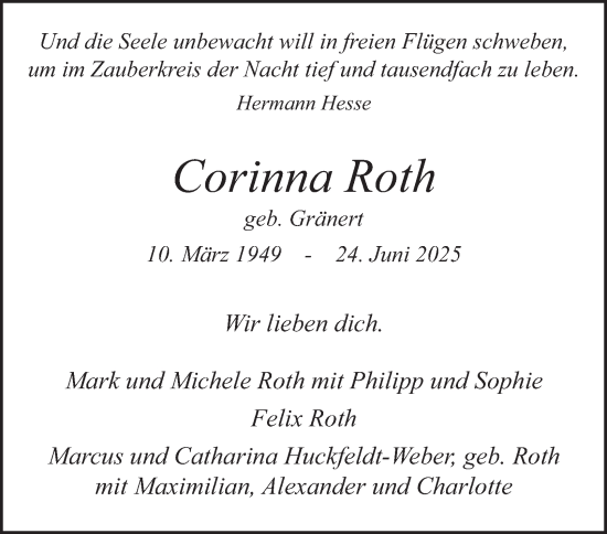 Traueranzeige von Corinna Roth von Hamburger Abendblatt