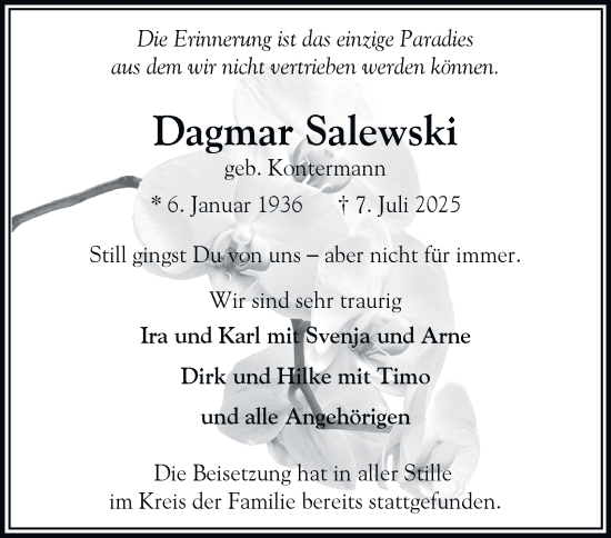 Traueranzeige von Dagmar Salewski von HA Regio Norderstedt