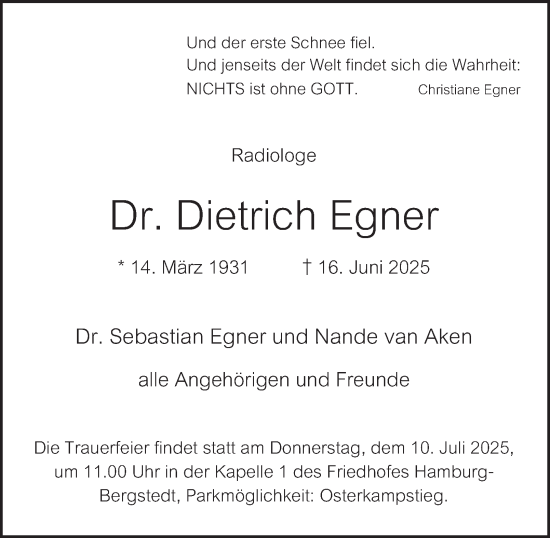 Traueranzeige von Dietrich Egner von Hamburger Abendblatt