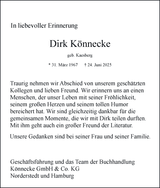 Traueranzeige von Dirk Könnecke von Hamburger Abendblatt