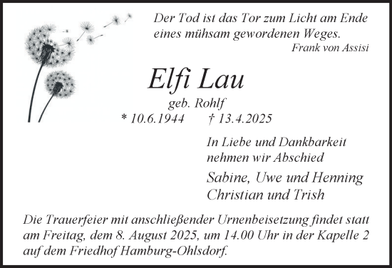Traueranzeige von Elfi Lau von Hamburger Abendblatt