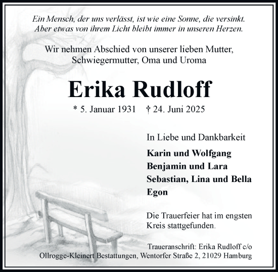 Traueranzeige von Erika Rudloff von Bergedorfer Zeitung