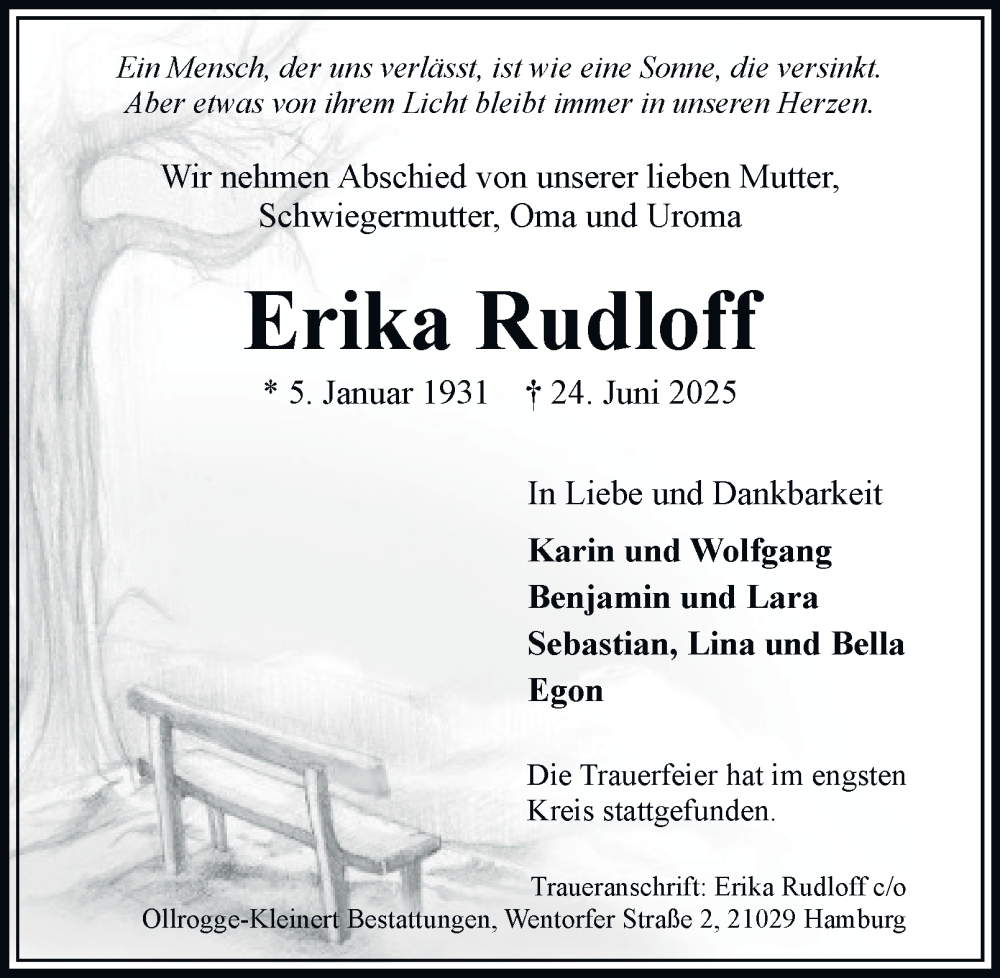  Traueranzeige für Erika Rudloff vom 12.07.2025 aus Bergedorfer Zeitung