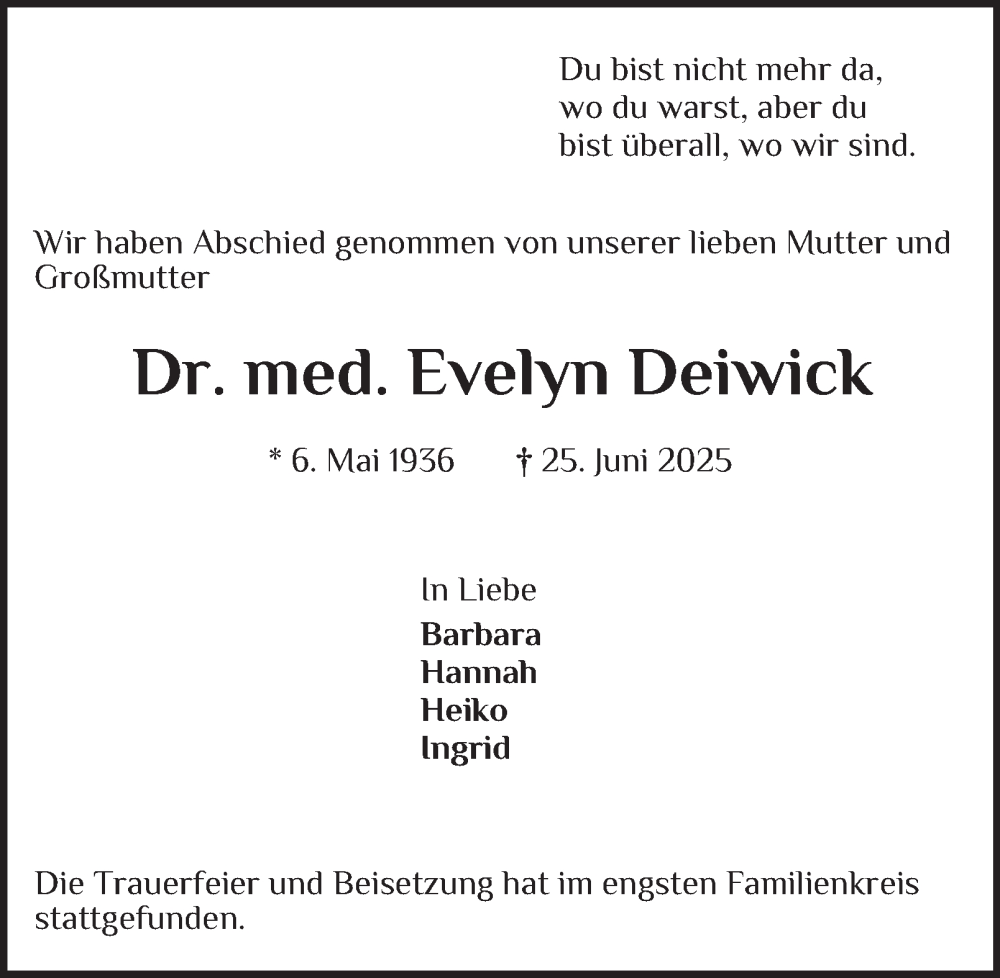  Traueranzeige für Evelyn Deiwick vom 12.07.2025 aus Bergedorfer Zeitung