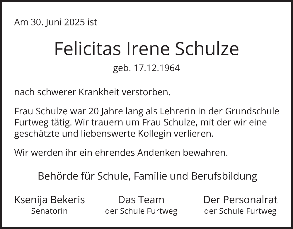  Traueranzeige für Felicitas Irene Schulze vom 12.07.2025 aus Hamburger Abendblatt