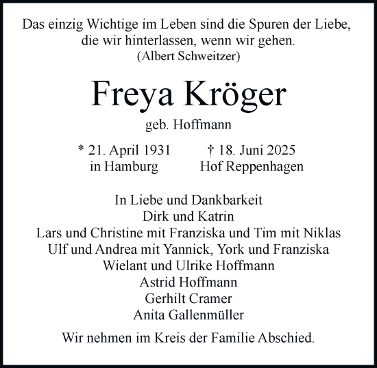 Traueranzeige von Freya Kröger von Hamburger Abendblatt
