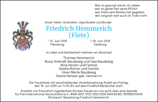 Traueranzeige von Friedrich Hemmerich von Hamburger Abendblatt