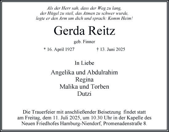 Traueranzeige von Gerda Reitz 