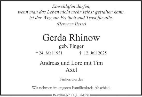 Traueranzeige von Gerda Rhinow 