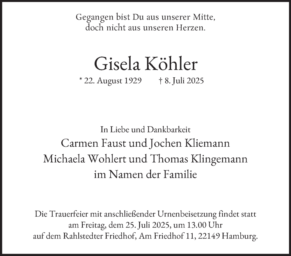  Traueranzeige für Gisela Köhler vom 19.07.2025 aus 