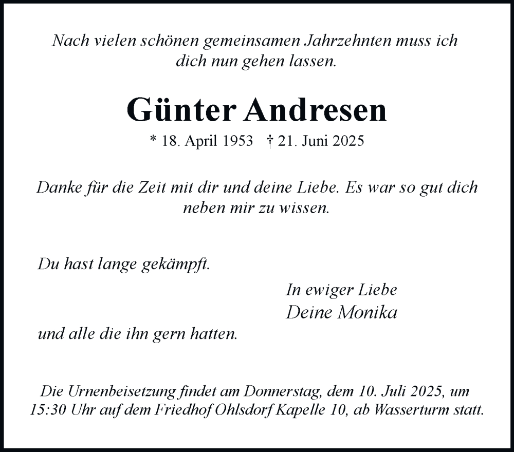  Traueranzeige für Günter Andresen vom 05.07.2025 aus Hamburger Abendblatt