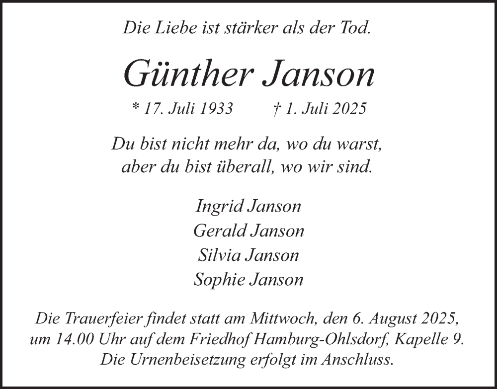  Traueranzeige für Günther Janson vom 26.07.2025 aus Hamburger Abendblatt