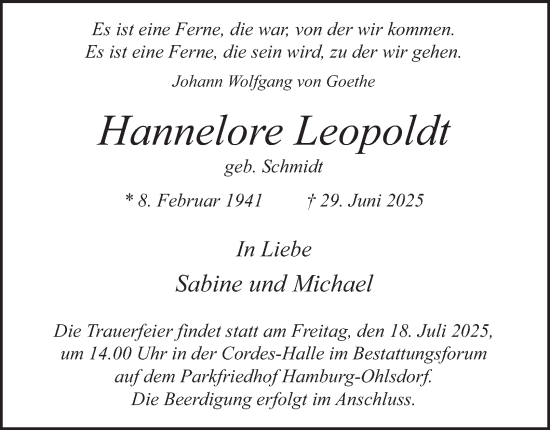 Traueranzeige von Hannelore Leopoldt von Hamburger Abendblatt