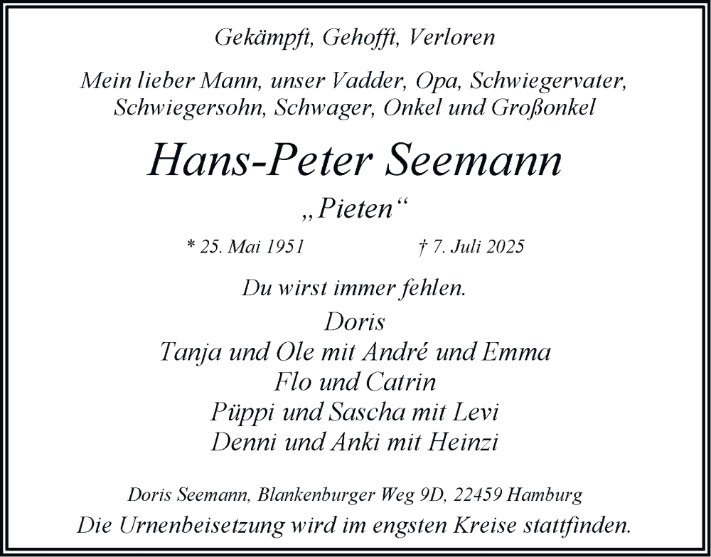  Traueranzeige für Hans-Peter Seemann vom 19.07.2025 aus 