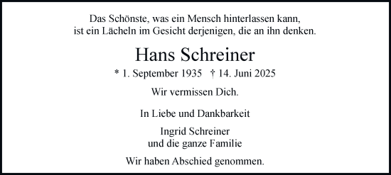 Traueranzeige von Hans Schreiner von Hamburger Abendblatt