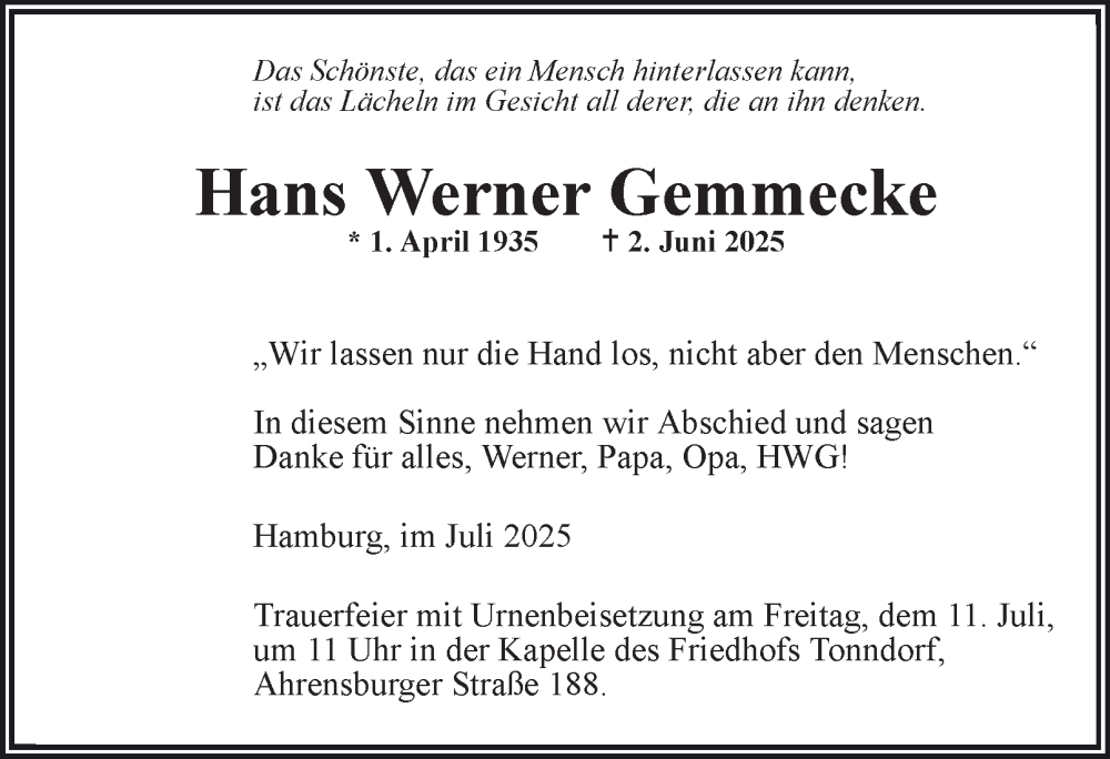  Traueranzeige für Hans Werner Gemmecke vom 05.07.2025 aus Hamburger Abendblatt