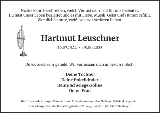 Traueranzeige von Hartmut Leuschner von Hamburger Abendblatt