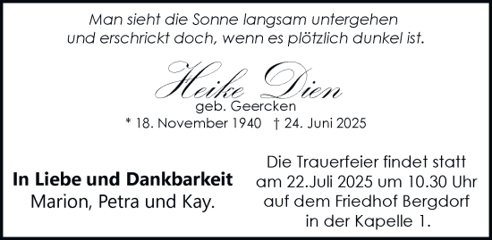 Traueranzeige von Heike Dien von Hamburger Abendblatt