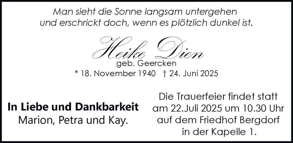  Traueranzeige für Heike Dien vom 19.07.2025 aus Hamburger Abendblatt
