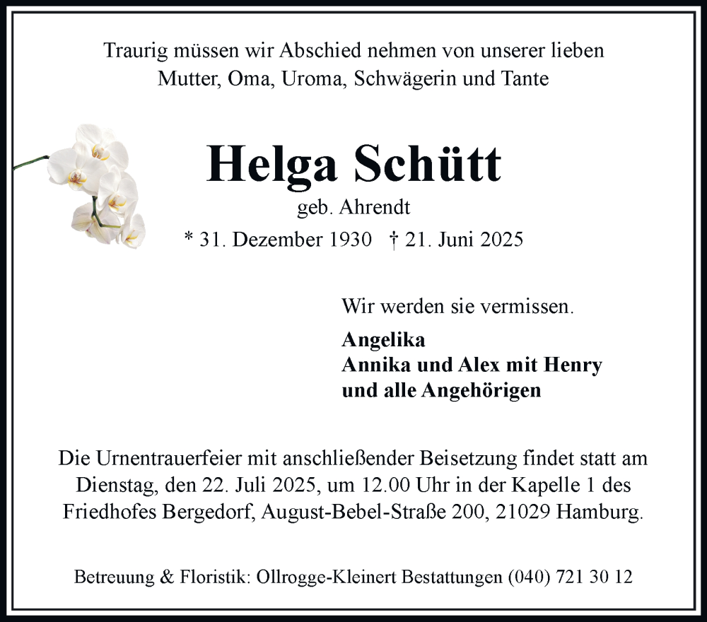  Traueranzeige für Helga Schütt vom 12.07.2025 aus Bergedorfer Zeitung