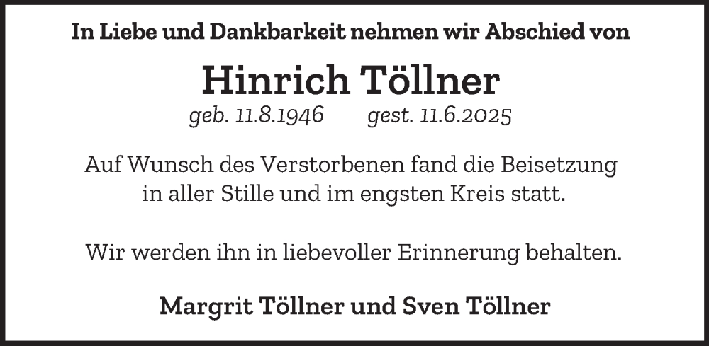  Traueranzeige für Hinrich Töllner vom 05.07.2025 aus HA Regio Norderstedt