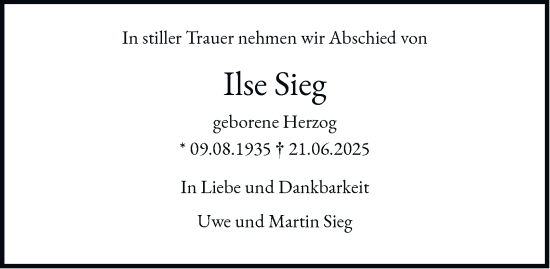 Traueranzeige von Ilse Sieg 