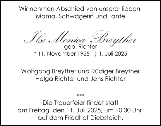 Traueranzeige von Ilse Monica Breyther von Hamburger Abendblatt