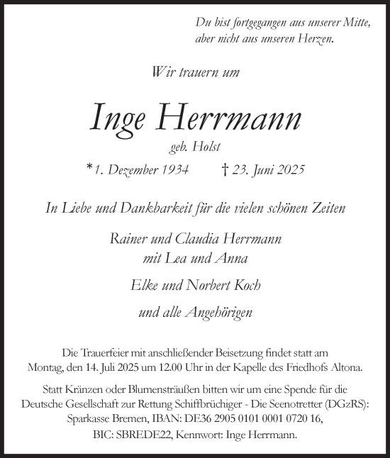 Traueranzeige von Inge Herrmann von Hamburger Abendblatt