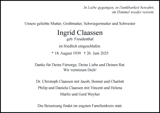 Traueranzeige von Ingrid Claassen von Hamburger Abendblatt