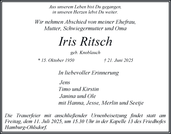 Traueranzeige von Iris Ritsch von Hamburger Abendblatt