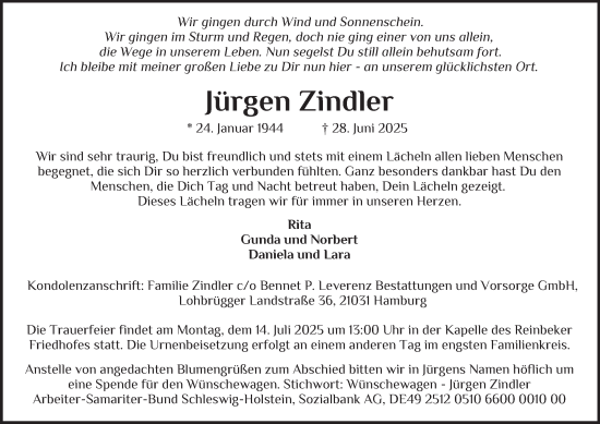 Traueranzeige von Jürgen Zindler von Bergedorfer Zeitung