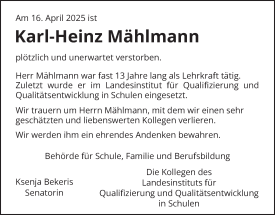 Traueranzeige von Karl-Heinz Mählmann von Hamburger Abendblatt