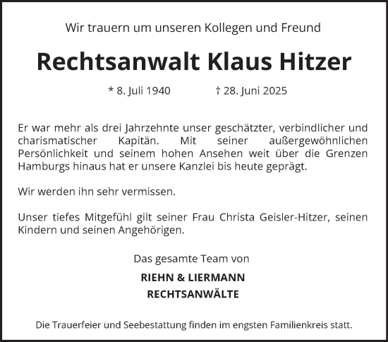 Traueranzeige von Klaus Hitzer von Hamburger Abendblatt