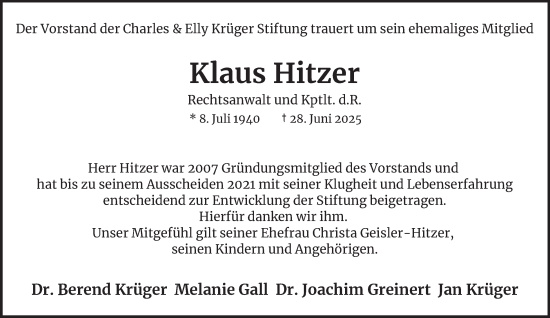 Traueranzeige von Klaus Hitzer von Hamburger Abendblatt
