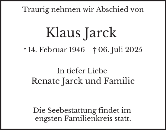 Traueranzeige von Klaus Jarck von Hamburger Abendblatt