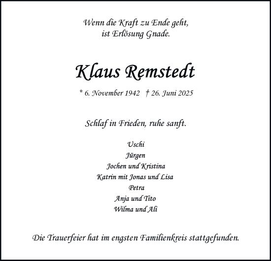Traueranzeige von Klaus Remstedt von Hamburger Abendblatt