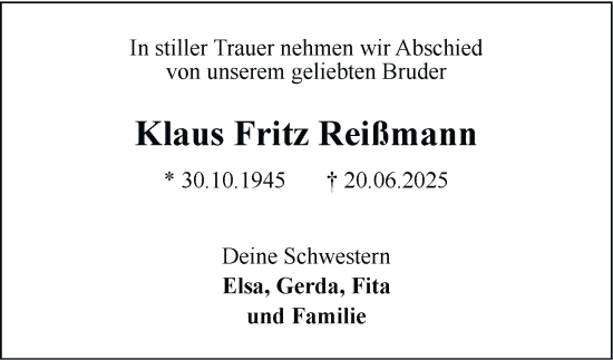 Traueranzeige von Klaus Fritz Reißmann 