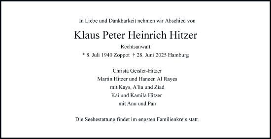 Traueranzeige von Klaus Peter Heinrich Hitzer von Hamburger Abendblatt