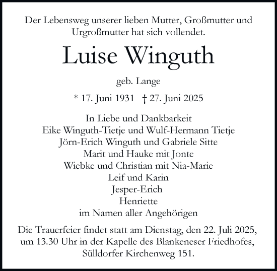 Traueranzeige von Luise Winguth von Hamburger Abendblatt