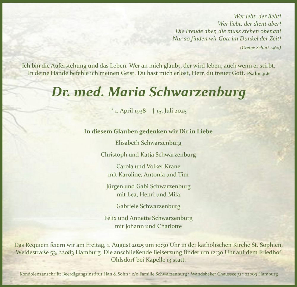  Traueranzeige für Maria Schwarzenburg vom 26.07.2025 aus Hamburger Abendblatt