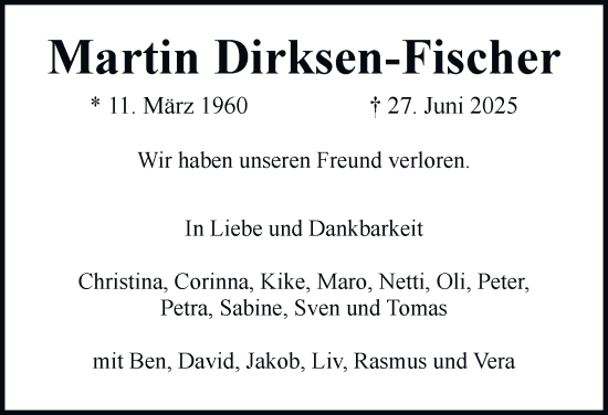 Traueranzeige von Martin Dirksen-Fischer von Hamburger Abendblatt