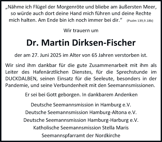 Traueranzeige von Martin Dirksen-Fischer von Hamburger Abendblatt