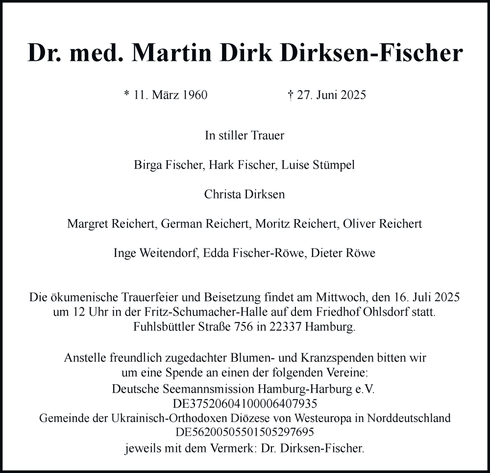  Traueranzeige für Martin Dirk Dirksen-Fischer vom 12.07.2025 aus 