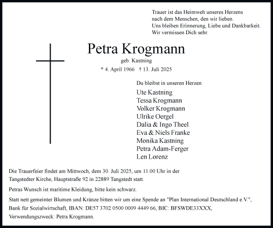 Traueranzeige von Petra Krogmann von Hamburger Abendblatt