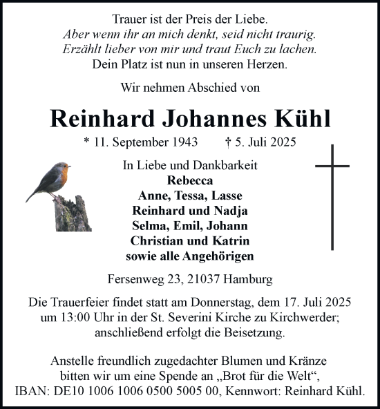 Traueranzeige von Reinhard Johannes Kühl von Hamburger Abendblatt, Bergedorfer Zeitung