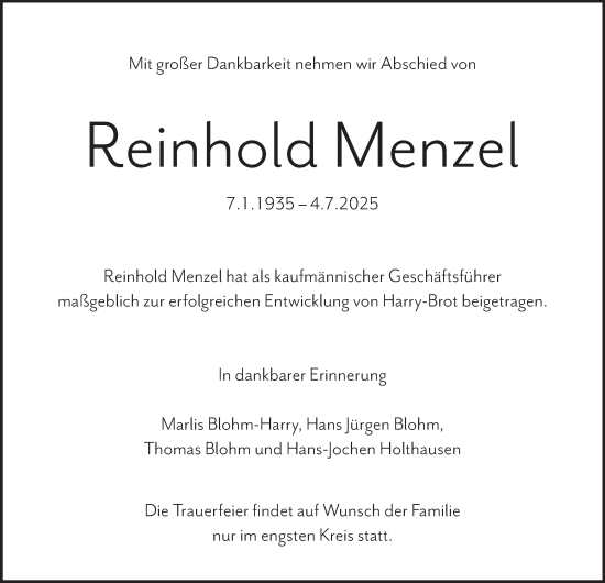 Traueranzeige von Reinhold Menzel von Hamburger Abendblatt