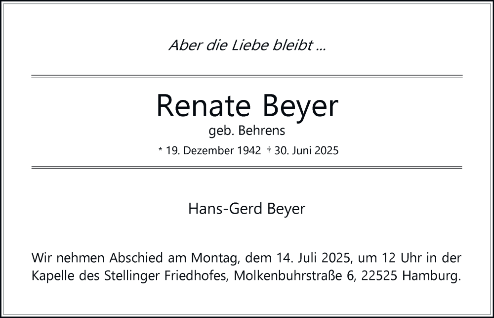 Traueranzeige für Renate Beyer vom 12.07.2025 aus 
