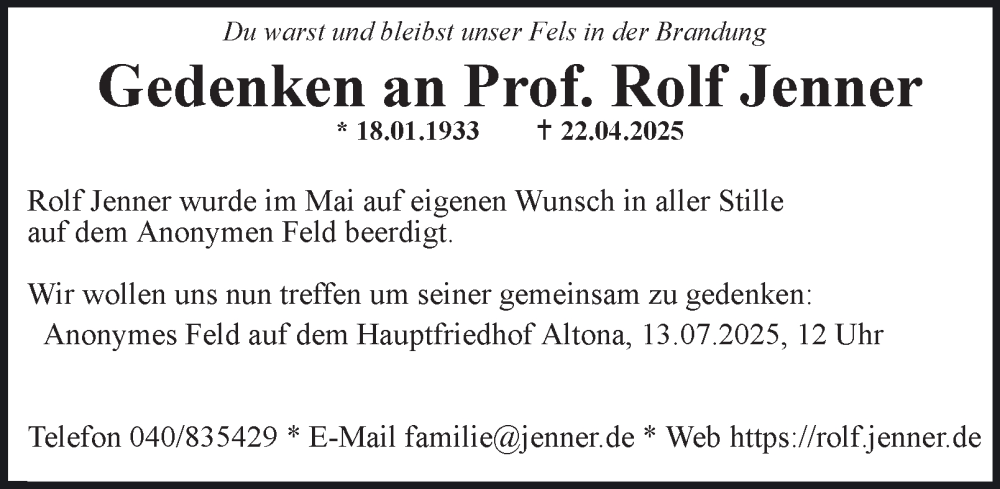  Traueranzeige für Rolf Jenner vom 05.07.2025 aus Hamburger Abendblatt