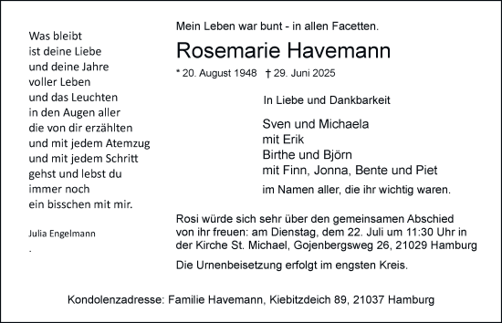 Traueranzeige von Rosemarie Havemann von Bergedorfer Zeitung