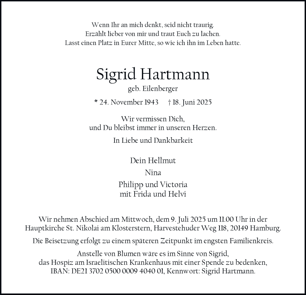  Traueranzeige für Sigrid Hartmann vom 05.07.2025 aus Hamburger Abendblatt